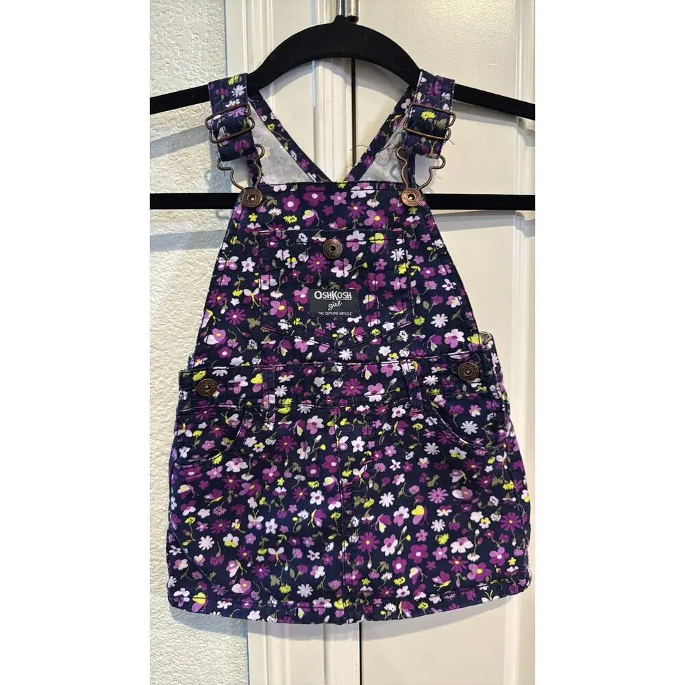 Oshkosh Overall Dress Jumper Flowers Butterflies Navy Purple Baby Girl Size 18M